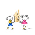 Cartoon stickman figures of boy and girl buying or moving to new house.