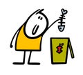 Cartoon stickman has opened a trash can and throws away a skeleton from fish. Vector illustration sorting of food waste Royalty Free Stock Photo