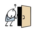 Cartoon stickman opens the door and looks into the black space. Vector illustration of doodle man facing the unknown