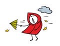 Cartoon stickman in a red raincoat suffers from a strong wind, an umbrella flies away, it rains. Vector illustration of