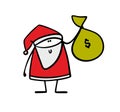 Cartoon stickman Santa Claus brought a gift, a big bag of money and a dollar sign. Vector illustration of a surprise for