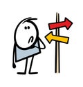 Cartoon stickman stands at a crossroads in front of the pointer and tries to choose a path.