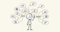 Cartoon Stickman Thinking with Data Mind Map Connection on White Royalty Free Stock Photo
