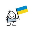 Cartoon stickman waving a large flag of Ukraine. Vector illustration of a guy and a Ukrainian symbol.