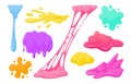 Cartoon sticky slime. Goo liquid slime splatters, mucus splashes. Jelly dripping spots flat vector illustration set