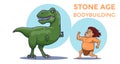 Cartoon Stone Age Bodybuilding competition. Cave Man versus Tyrannosaurus. Vector