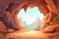 Cartoon stone cave entrance. Dark rock tunnel. Underground abandoned rocky cave. Entrance to tunnel in mountain with scenery Royalty Free Stock Photo