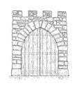 Cartoon of Stone Medieval Decision Gate Closed by Wooden Door Royalty Free Stock Photo