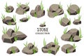 Cartoon stone set. Grey rock with grass collection. Vector illustration isolated on white background