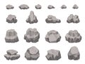 Cartoon stones, rocks, boulders, rubble and gravel pieces. Natural granite construction material. Rock debris, landscape elements