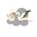 A cartoon stork carries a sleeping baby wrapped in a diaper