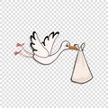 Cartoon stork delivering baby bundle on transparent background