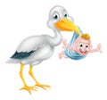 Cartoon Stork Holding New Born Baby