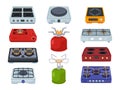 Cartoon stoves. Kitchen electric hob, camping stove gas burner and cooking fire vector illustration set