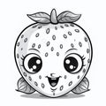 Cartoon strawberry in black and white, smiling at everyone, cheerful illustration, sticker, coloring book