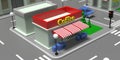 Cartoon street cafeteria downtown concept. Closed coffee shop background. 3d illustration