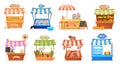 Cartoon street counter. Market stall festival stands buying farmer food product, wood kiosk local fair commercial tent