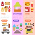 Cartoon Street Food Truck Stall Kiosk Banner Vecrtical Set. Vector Royalty Free Stock Photo