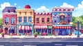 Cartoon street landscape of small shops and residential buildings with pavement, facades of cafes, restaurants, and Royalty Free Stock Photo
