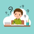 Cartoon stressed little boy doing hard homework on the desk