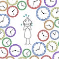 Cartoon stressed stick man surrounded by clocks Royalty Free Stock Photo