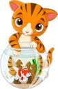 Cartoon striped cat with goldfish in fishbowl