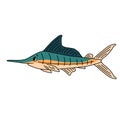 Cartoon striped doodle marlin type of fish. Blue, yellow and white vector outline animal is isolated on white background