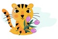 Cartoon striped tiger cub with a bouquet of tulips. Cute mascot. Big eyes, long tail.