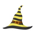 Cartoon striped witch hat with buckle isolated on white background. Children kid costume masquerade party. Design element for Royalty Free Stock Photo