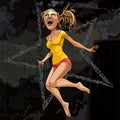 Cartoon strongly surprised girl in a jump on a dark background