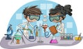 Cartoon students doing research with chemical fluid in the laboratory. Royalty Free Stock Photo