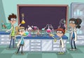 Cartoon students doing research with chemical fluid in the laboratory. Royalty Free Stock Photo