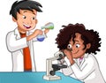 Cartoon students doing research with chemical fluid and microscope in the laboratory. Royalty Free Stock Photo