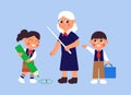 Cartoon students and teacher. Happy preschool girl and boy in school uniform, old woman. Fun children learning vector Royalty Free Stock Photo