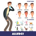 Cartoon stye vector allergy infographics with allergens and allergy symptoms