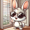 Cartoon style of adorable bunny, pose in cute, wearing black sunglasses, standing behind a window, animal