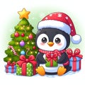 A cartoon style of adorable and cute penguin, with a decorated christmas tree and the gifts, white background, fantasy, printable