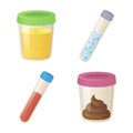 Cartoon style analysis sample set. Container for Medical Tests blood, semen. urine, stool on White Background. Stock