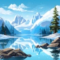 Cartoon Style Art Of Snowy Mountains And Lake With Sparkling Water Reflections Royalty Free Stock Photo