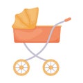 A cartoon-style baby stroller. Orange vintage baby carriage. Vector illustration isolated on a white background Royalty Free Stock Photo