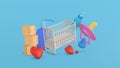 Cartoon style Baby white crib bed tub Surrounded by baby bottles, wooden toys cubes with letters and numbers, hearts, shampoo