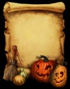 Halloween background with carved pumpkins and gourds