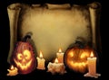 Halloween background with carved pumpkin lamps and candles