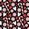 Cartoon style black candy cane and peppermint twist with hearts seamless seasonal Christmas graphic illustration pattern