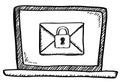 Cartoon style doodle of notebook with safety protected envelope on screen. Royalty Free Stock Photo