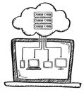 Cartoon style doodle of notebook, smartphone, tablet, television connected by cloud server