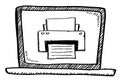 Cartoon style black and white doodle of printer on notebook screen