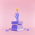 Books, hand and light bulb isolated on pastel background. education, Knowledge creates ideas. conceptual design. 3d Royalty Free Stock Photo