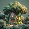 Cartoon style broccoli house in the forest, charming and imaginative illustration