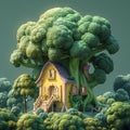 Cartoon style broccoli house in the forest, charming and imaginative illustration